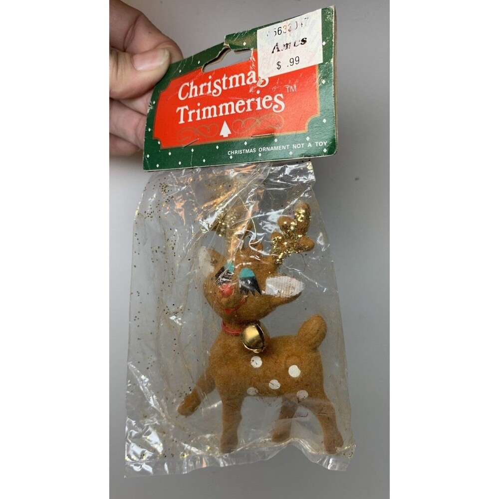 Vintage Christmas Ornament Felt Flocked Deer Reindeer Holiday Decor 5” NOS